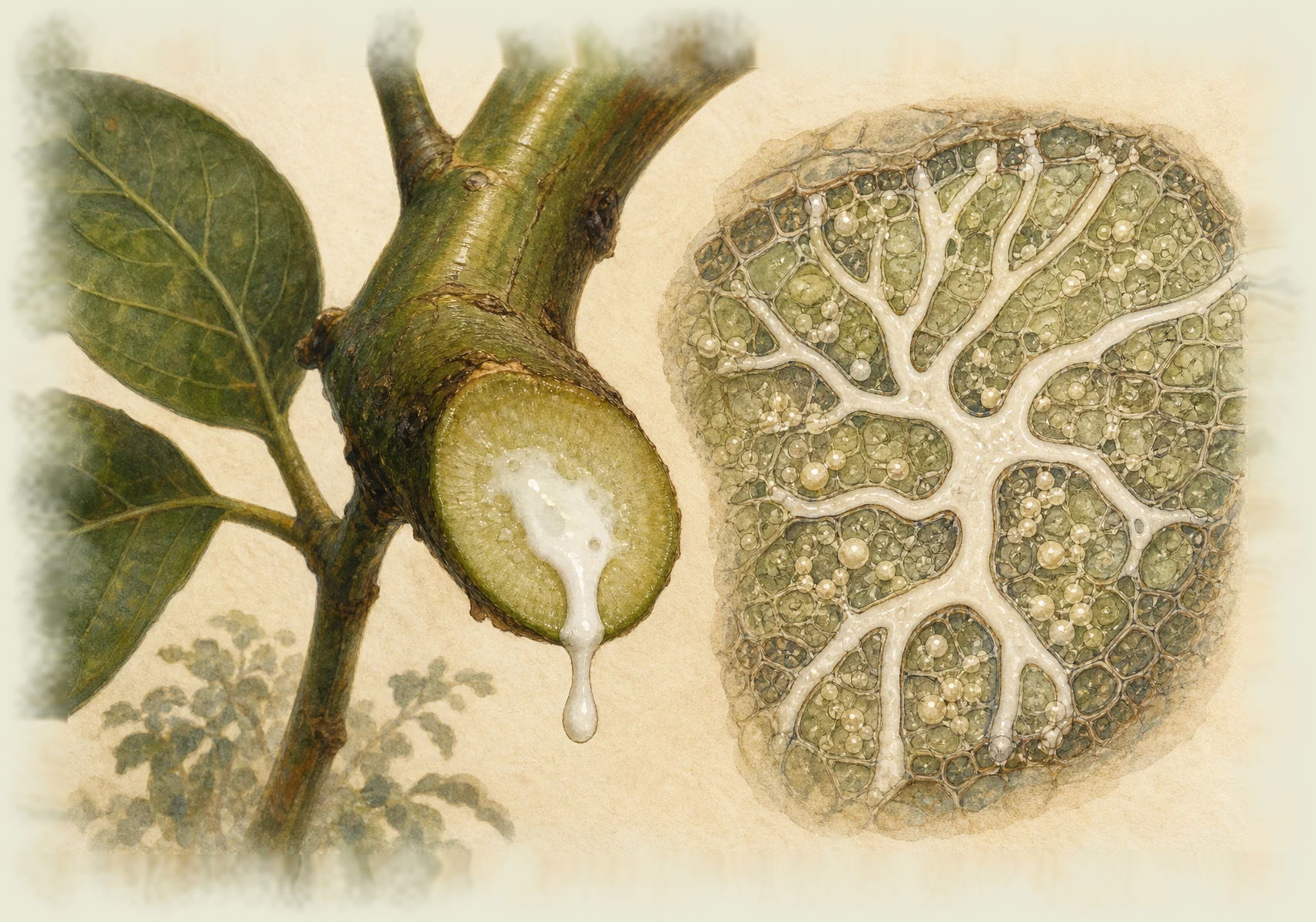 A cut plant stem releases latex beside a magnified view of laticifer tissue and rubber particles