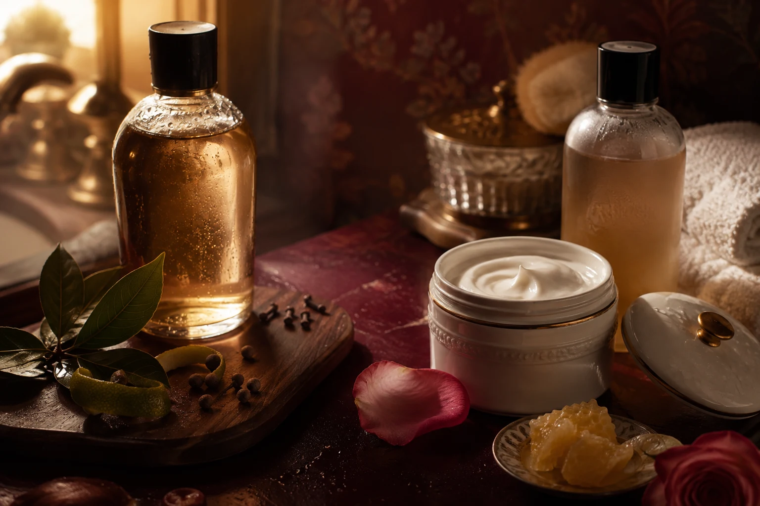 Amber body-wash bottle with bay leaves, lime peel, cloves and allspice beside cold cream, rose and beeswax