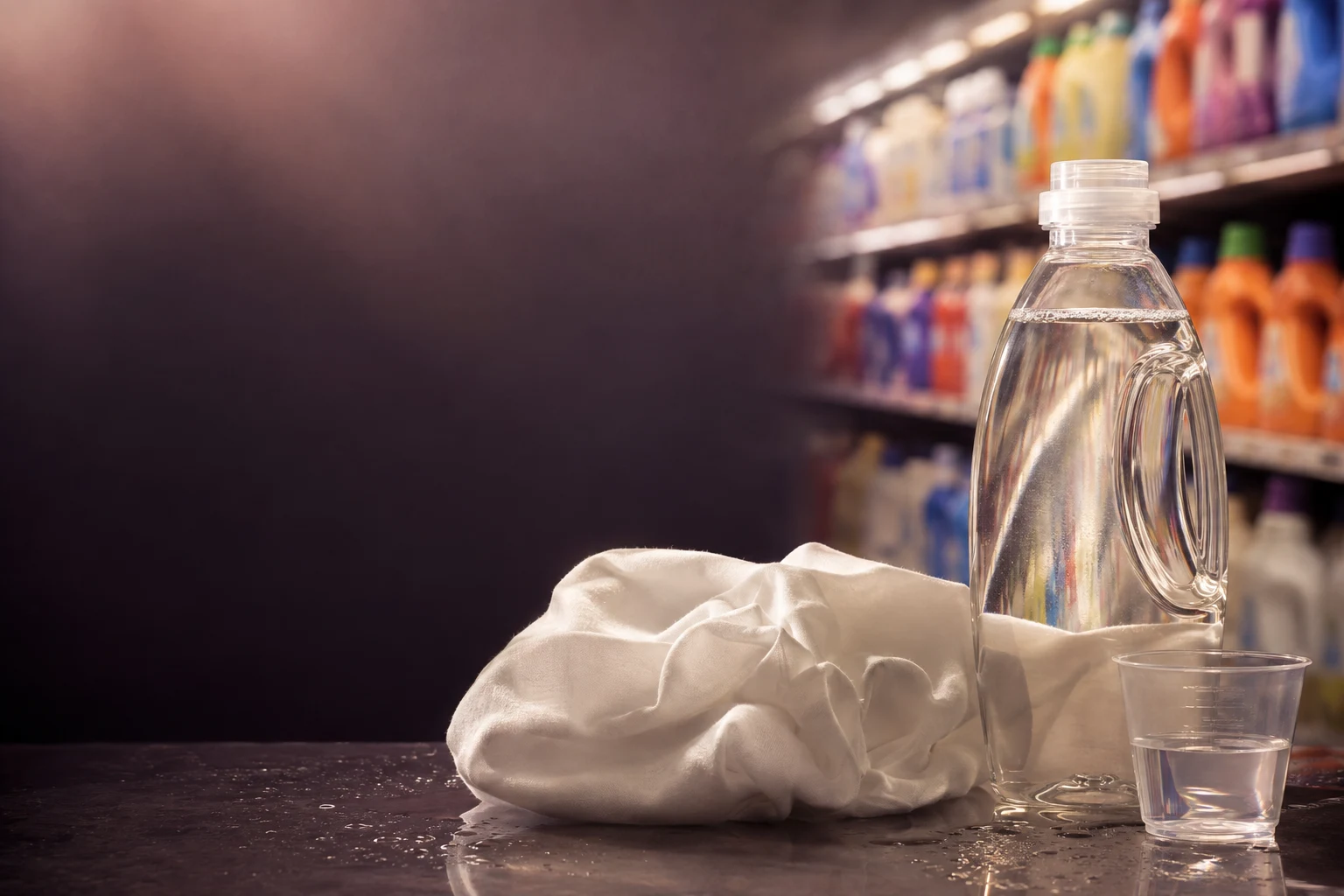 Clear detergent and white cotton before a blurred aisle of colorful supermarket bottles