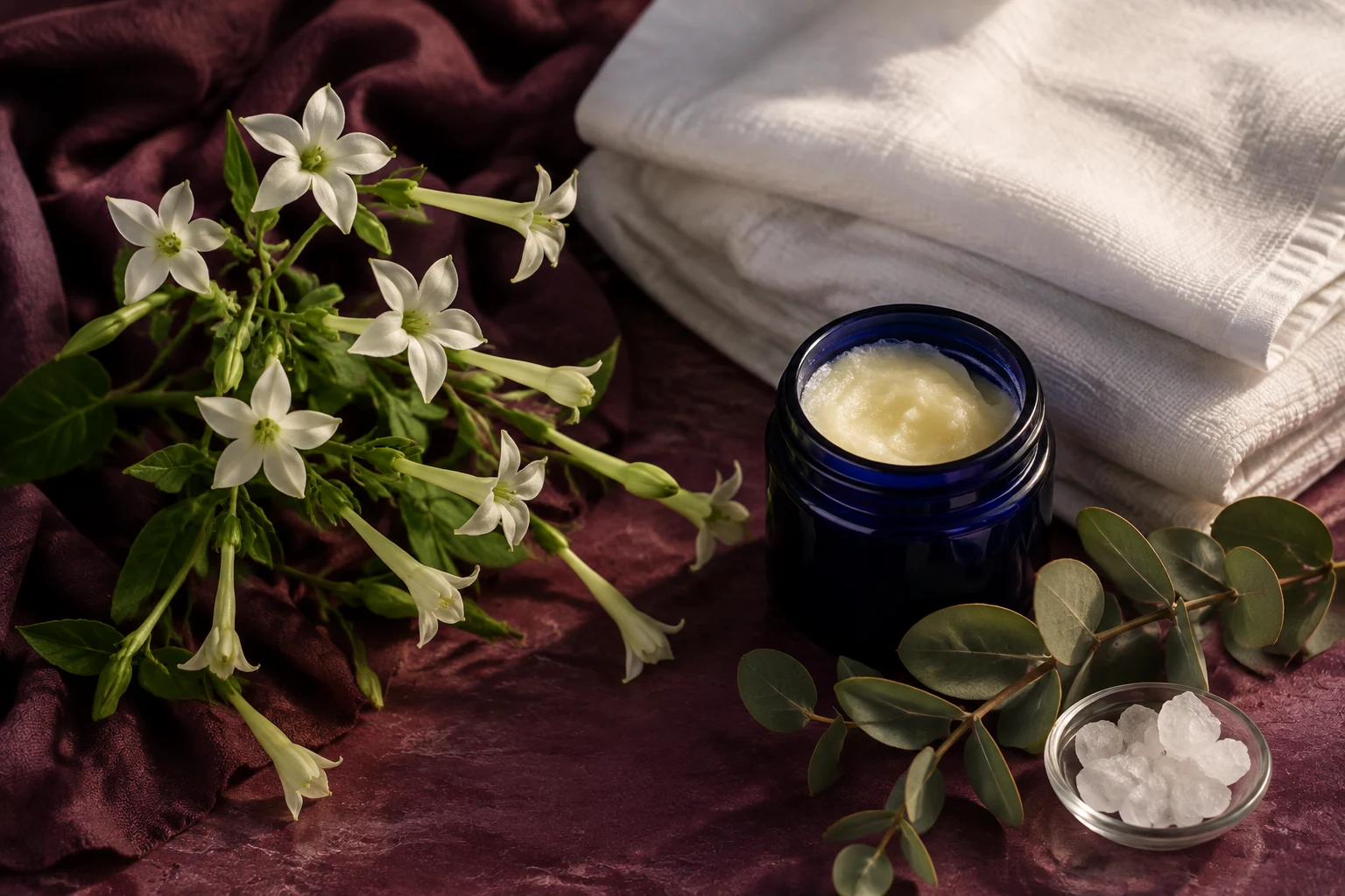 A generated still life of white star-shaped flowers beside a blue jar of aromatic balm and eucalyptus-like foliage