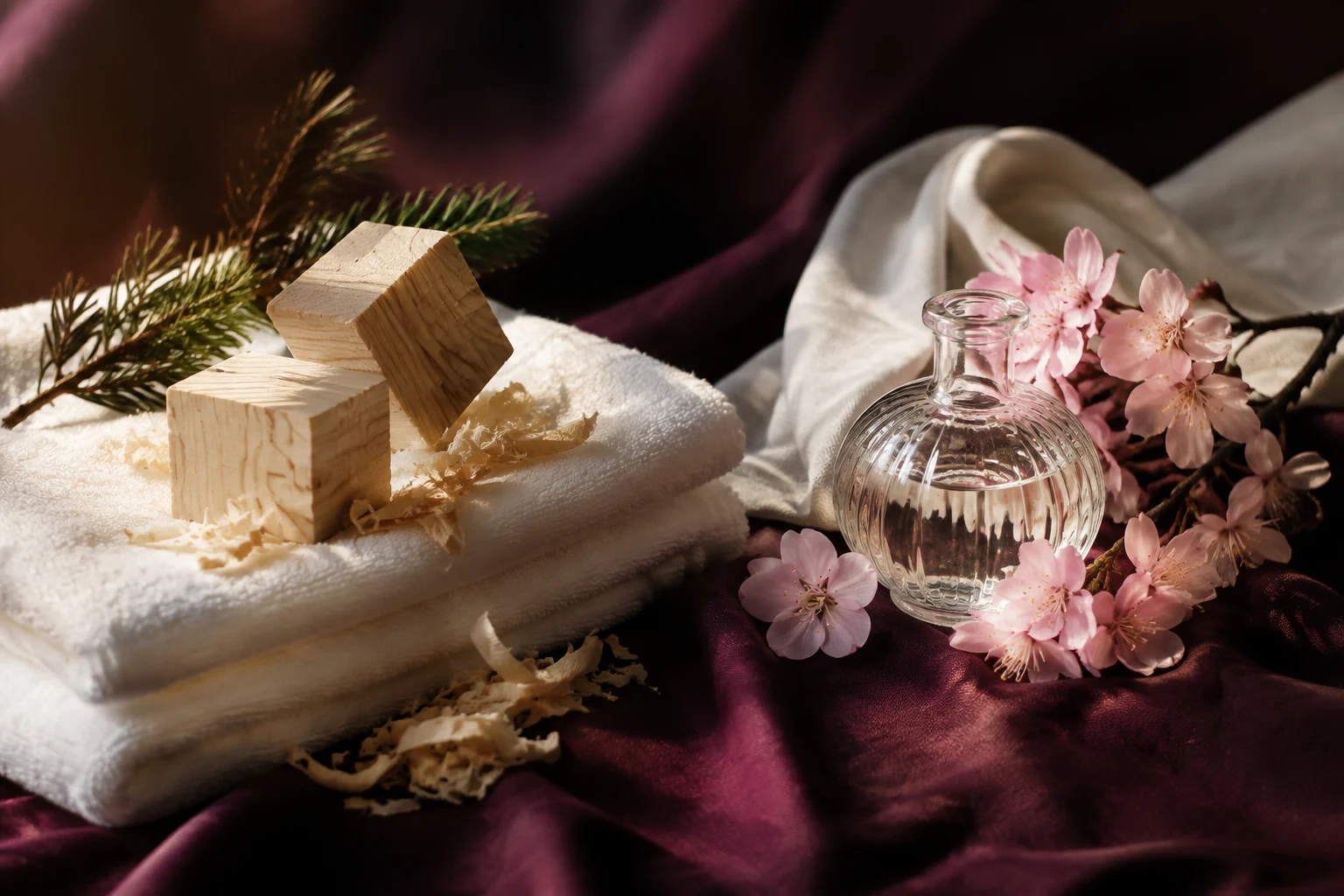 Pale hinoki blocks and wood shavings beside pink blossoms and clear glass on folded ivory towels
