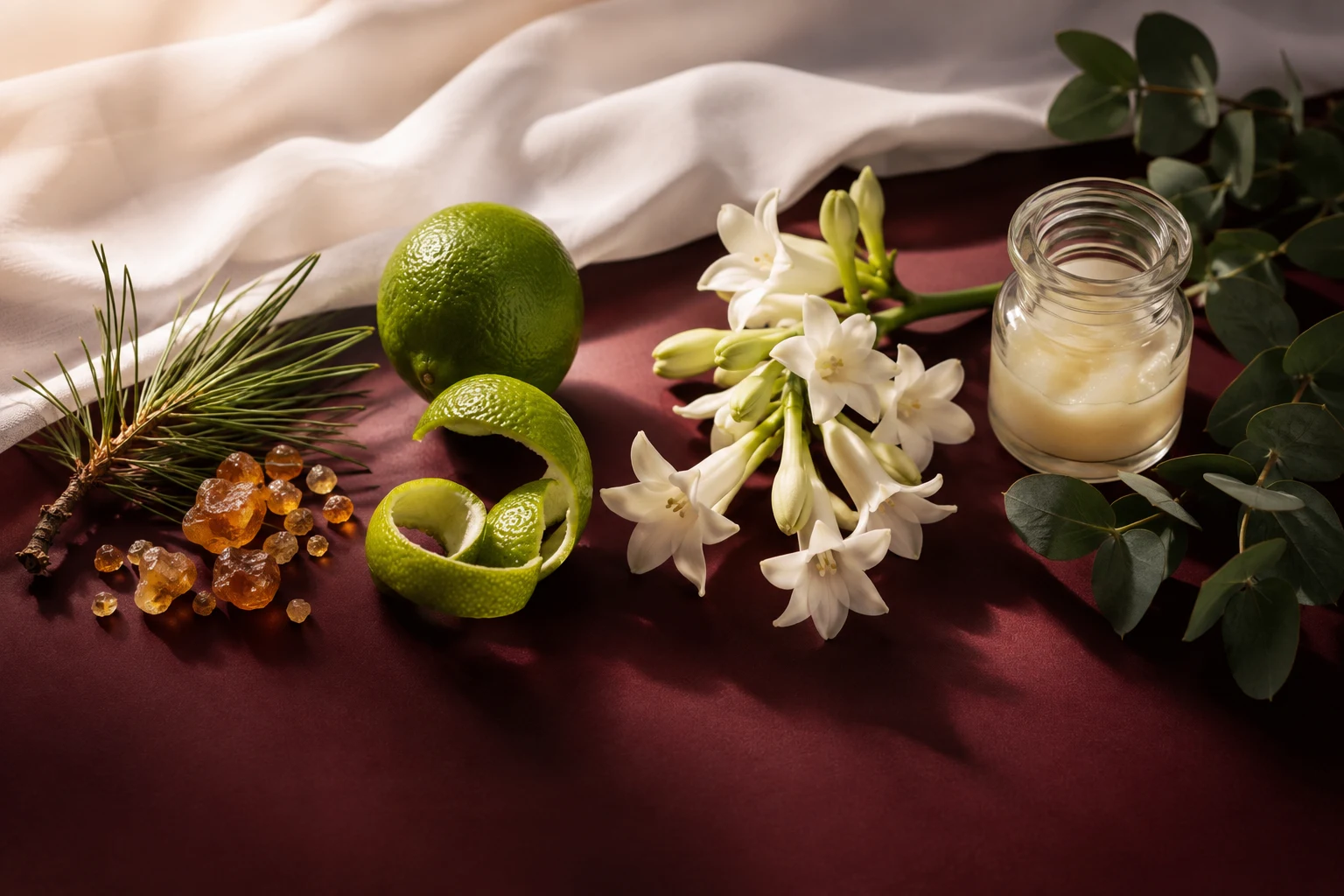 A generated still life of pine-like needles, amber resin pieces, a lime and curled peel, white waxy flowers, pale balm and rounded green foliage on burgundy cloth.
