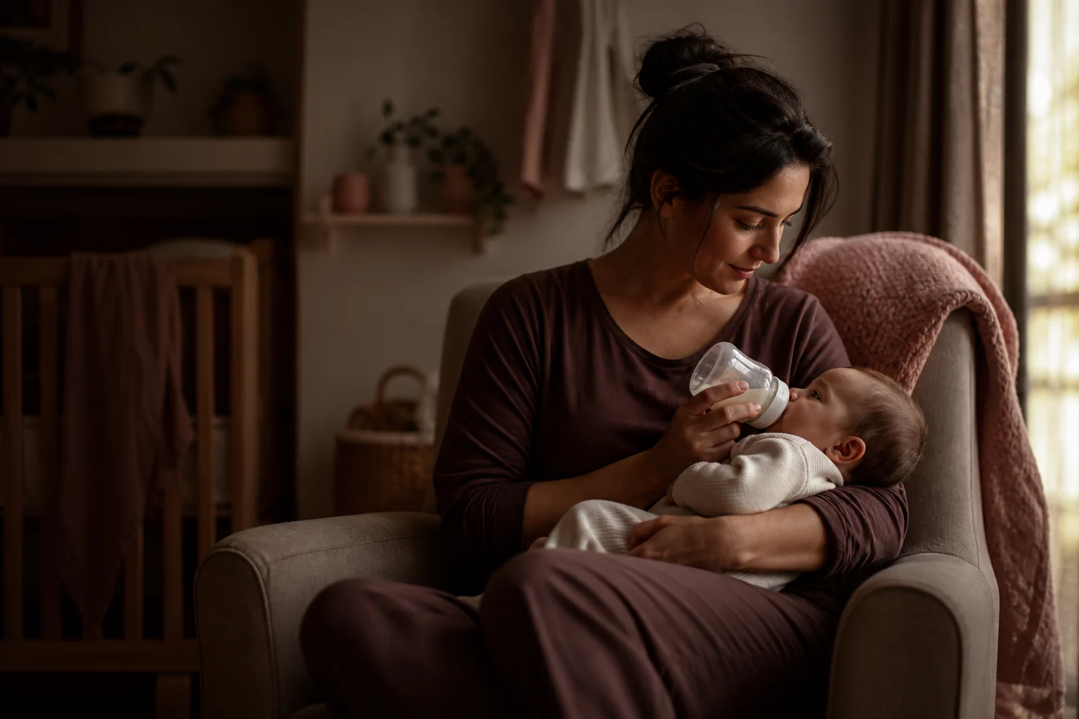 Mother seated in a warm nursery, cradling her infant and feeding the baby with a bottle