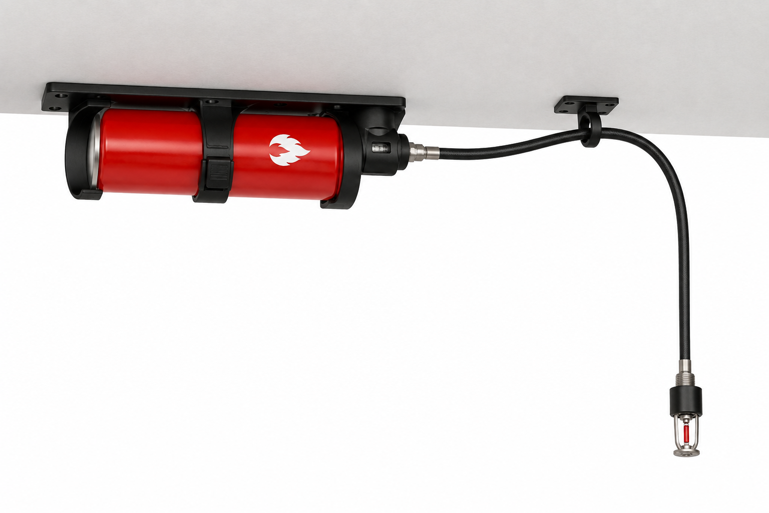 Large red bottle lying sideways in a black ceiling cradle. A black hose passes through a separate ceiling guide and droops freely to a thermal nozzle.
