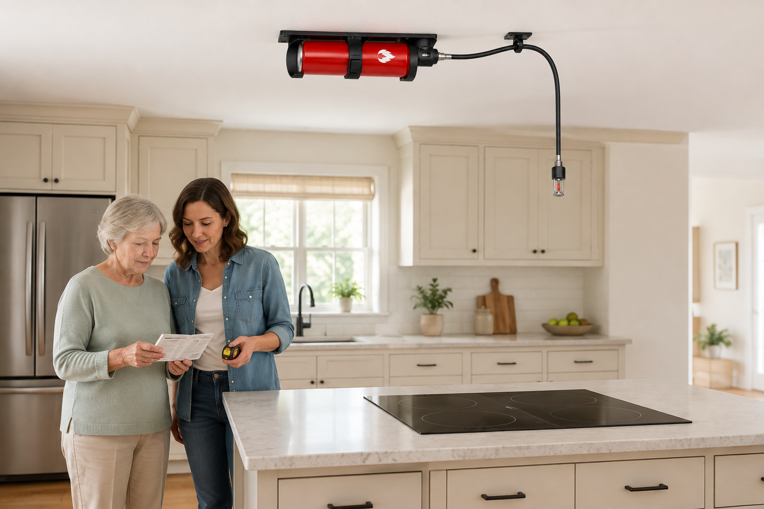 Older woman and adult daughter reading an instruction card beside an island cooktop. The red bottle lies horizontally in its ceiling cradle; a guided hose hangs above the unobstructed cooktop.