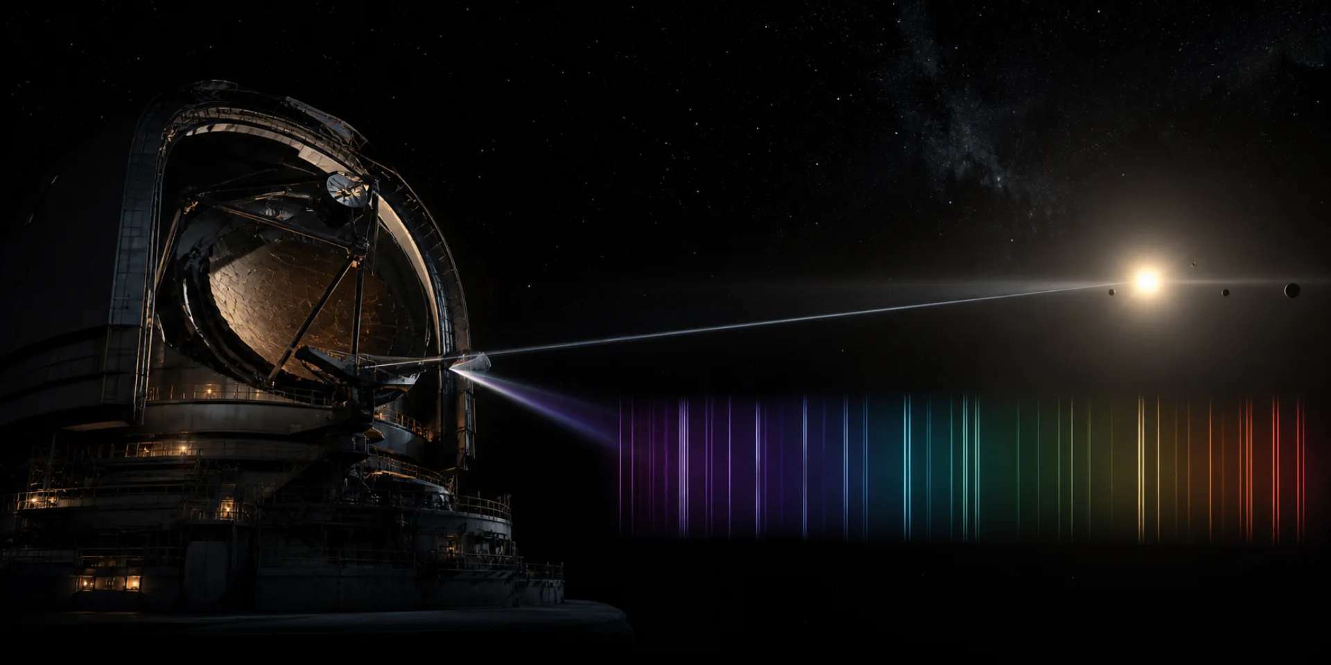 Conceptual observatory dispersing light from a distant planetary system into a spectrum