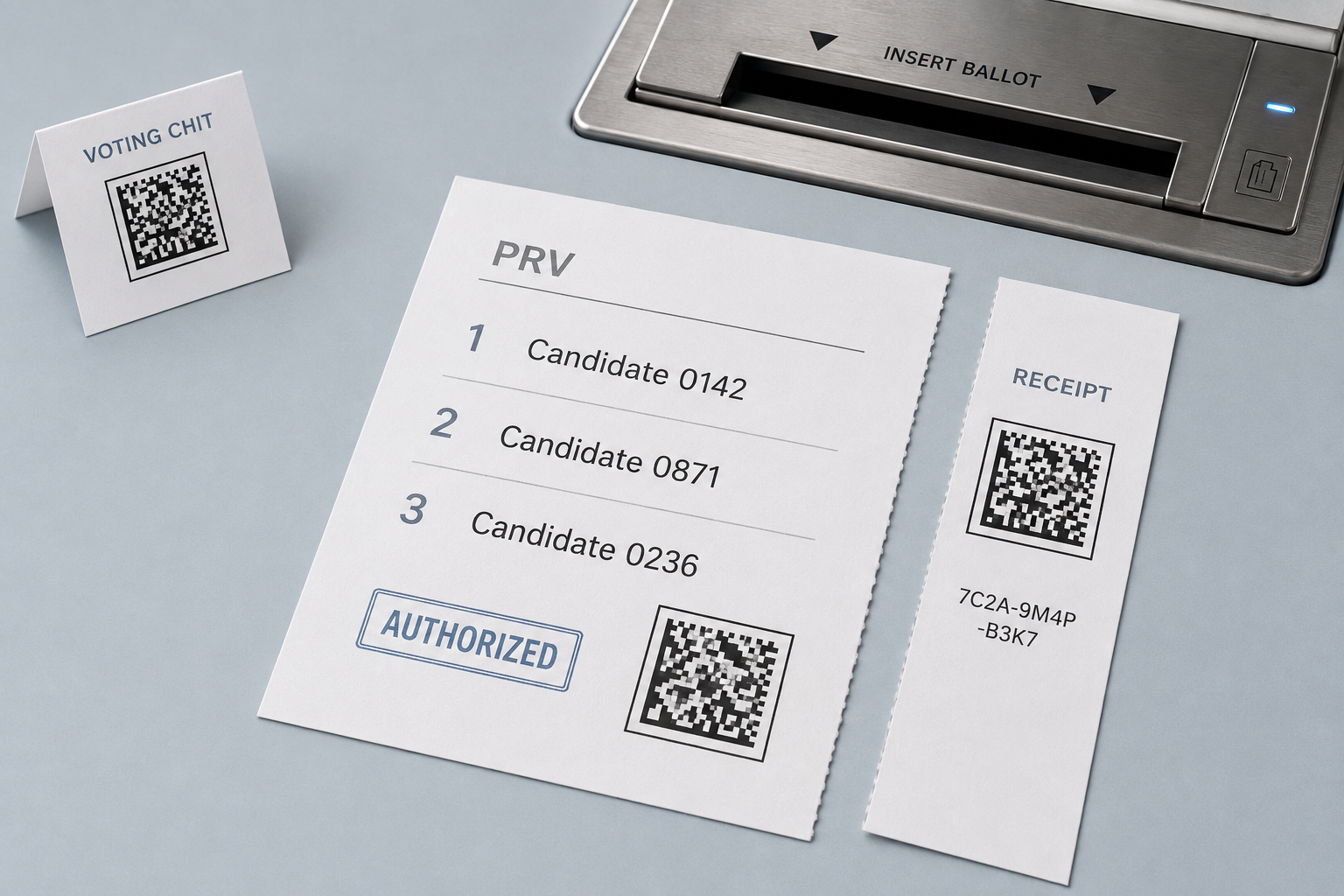 Concept paper ballot with readable candidate ranks and an authorization stamp; a receipt has been torn from its perforated edge and retains a separate complete barcode without candidate selections.