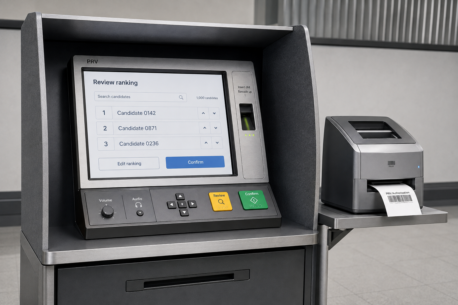 Concept PRV terminal with a searchable field of 1,000 candidates, a three-candidate ranking, tactile controls and a separate authorization appliance.
