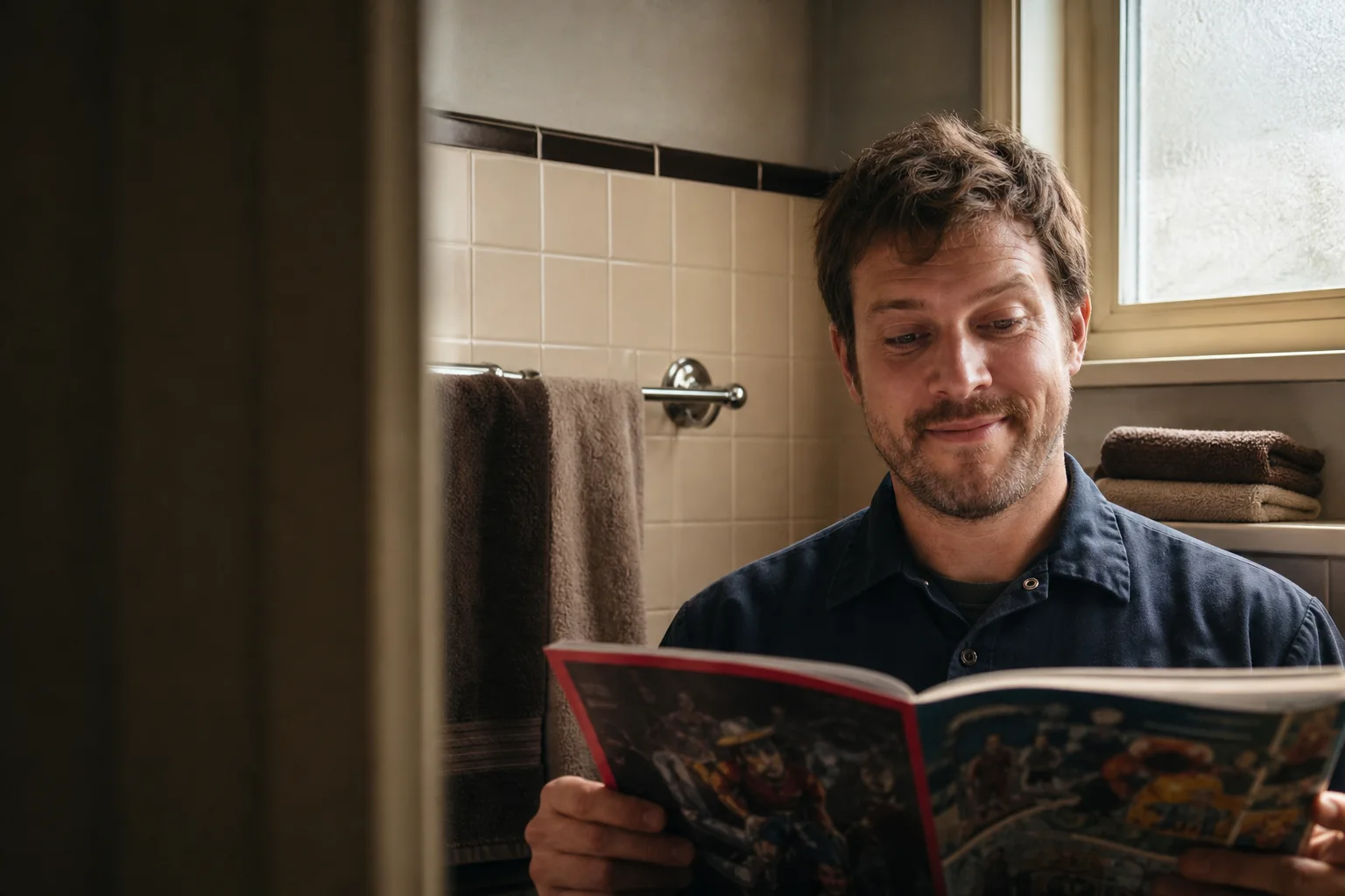 A mechanic in a navy work shirt enjoying a magazine during a quiet bathroom reading break