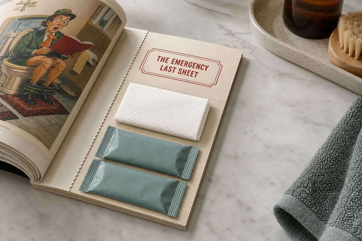 A pristine perforated magazine insert holding folded toilet tissue and two sealed personal wipes