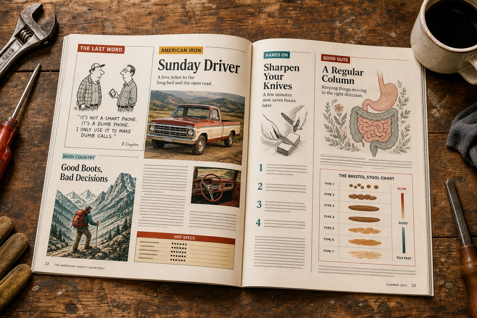 An open issue on a workshop bench with features about trucks, knives, hiking, cartoons, and digestive health