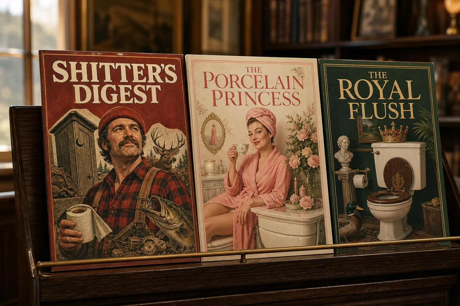 Three editions on a walnut rack: Shitter's Digest, The Porcelain Princess, and The Royal Flush