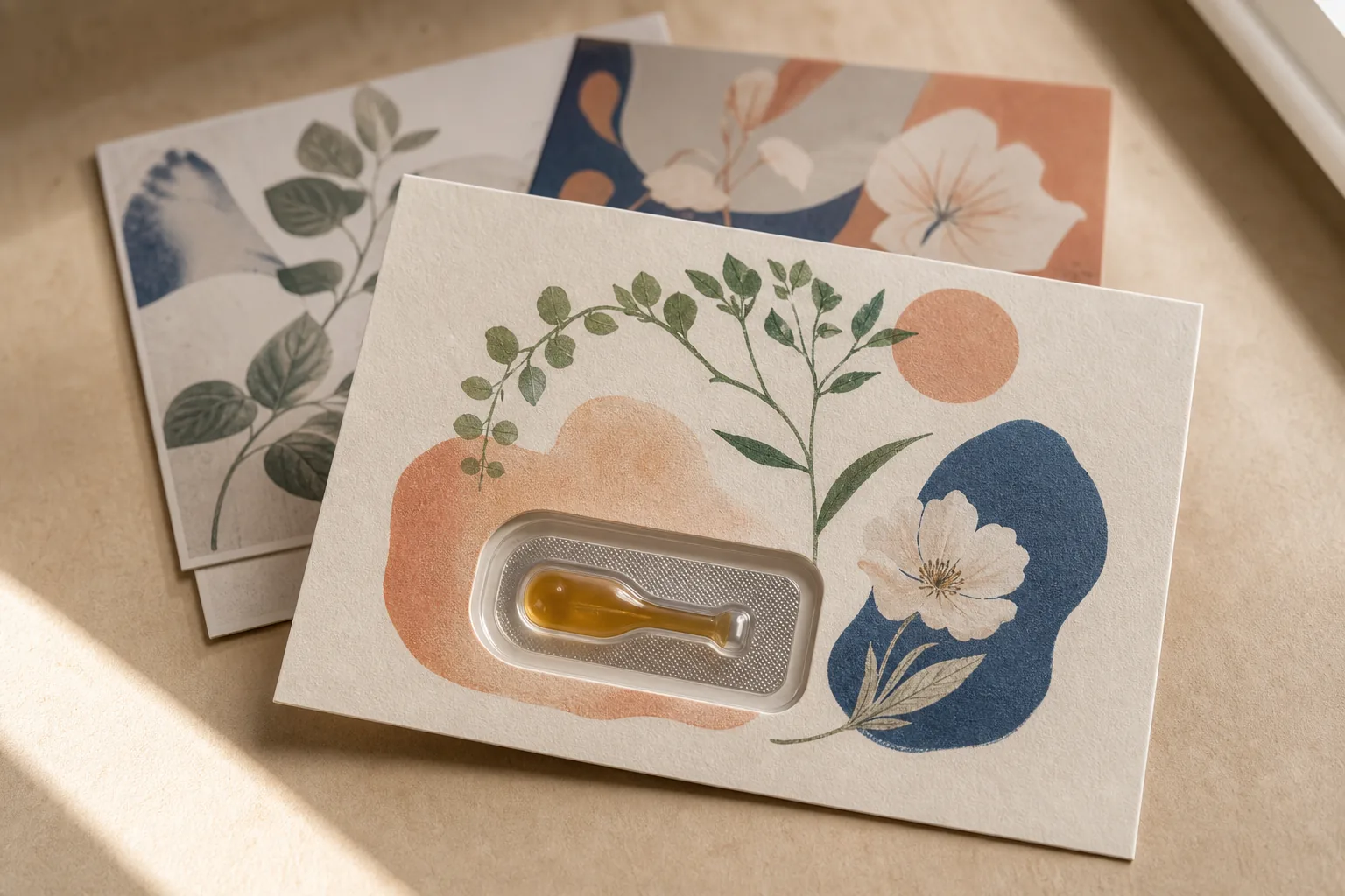 Concept rendering of illustrated fragrance postcards, the front card holding a sealed amber single-dose applicator in a protective well