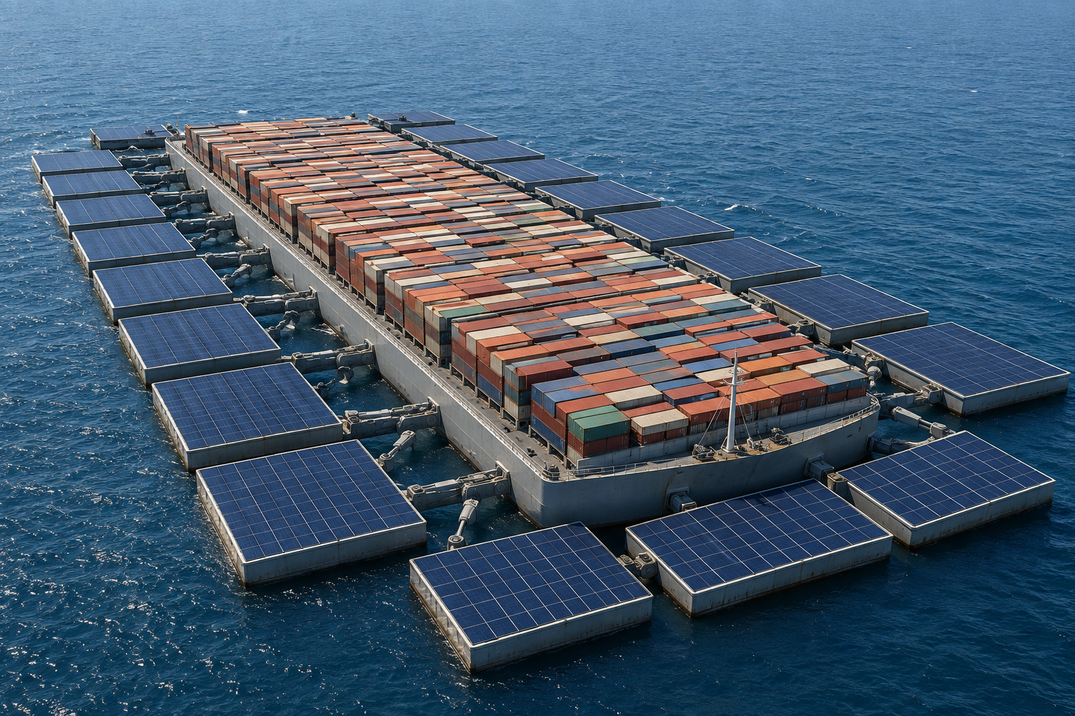 Concept of a cargo-covered central ship floating shallow, surrounded by large square solar-panel pontoons connected to the hull across gaps
