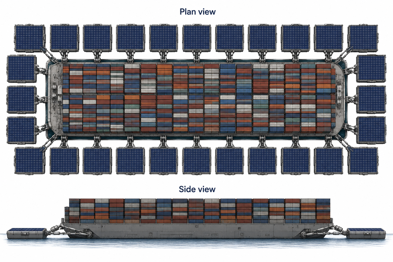 Plan and side views of a central cargo ship surrounded by square solar-covered pontoons, linked hydraulically at its sides and sharing a shallow waterline