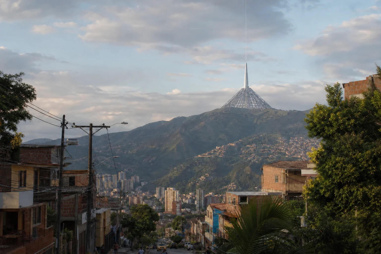 From a Medellín street, a hollow pyramid rises on a distant mountain, with a slender summit building and a gossamer strand above it