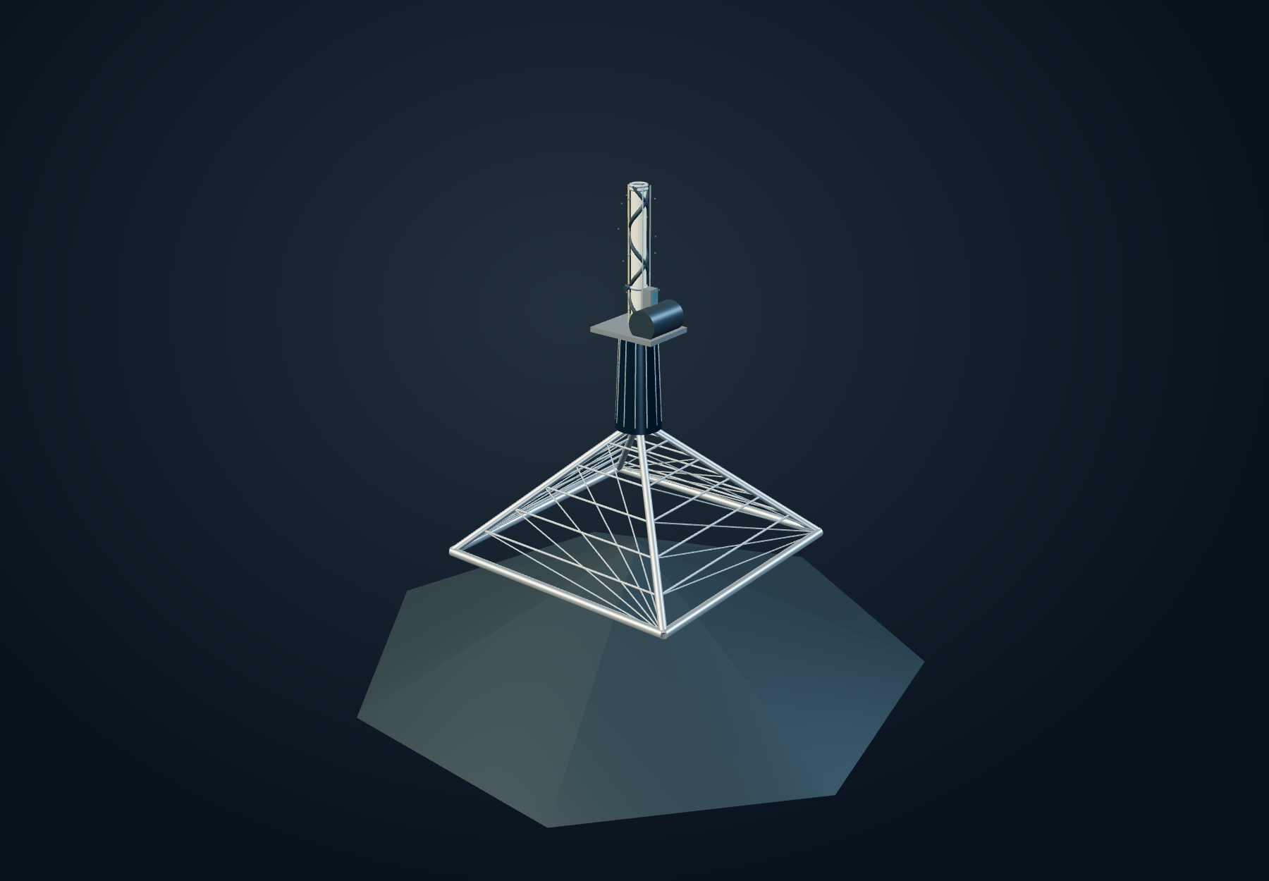 Three-dimensional assembly of a hollow mountain pyramid, summit building, compressor and vertical tube