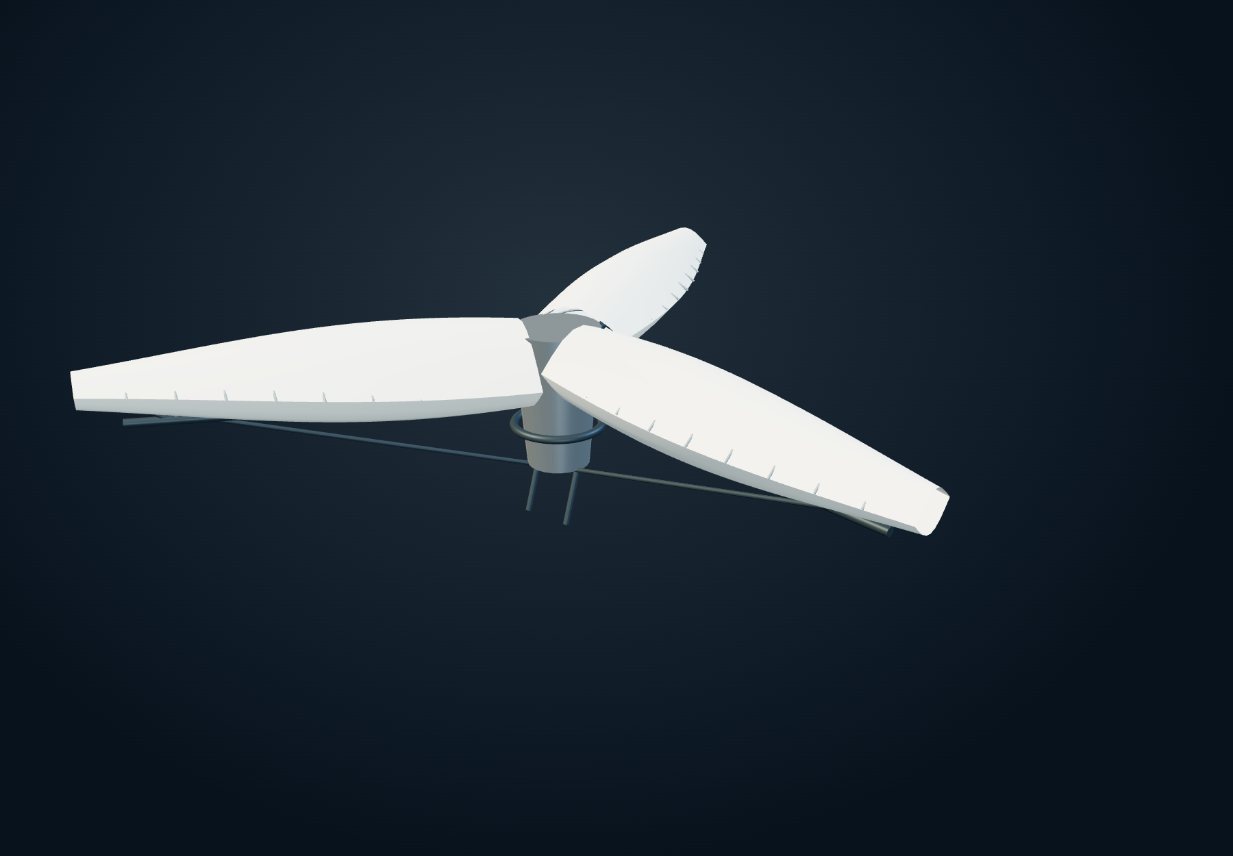 An inflated three-wing rotor with visible panel seams, thin underlying trusses and a suspended power nacelle