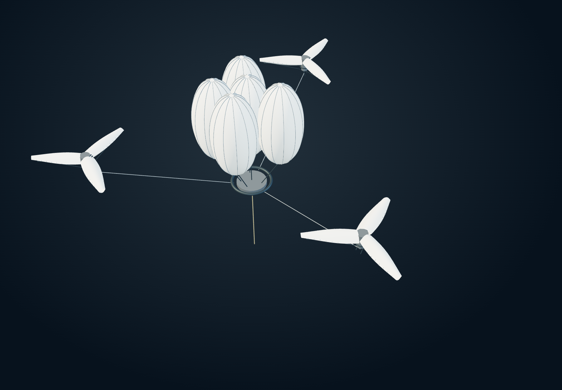 A cluster of five balloon envelopes supporting a platform with three inflated-wing machines connected from different bearings