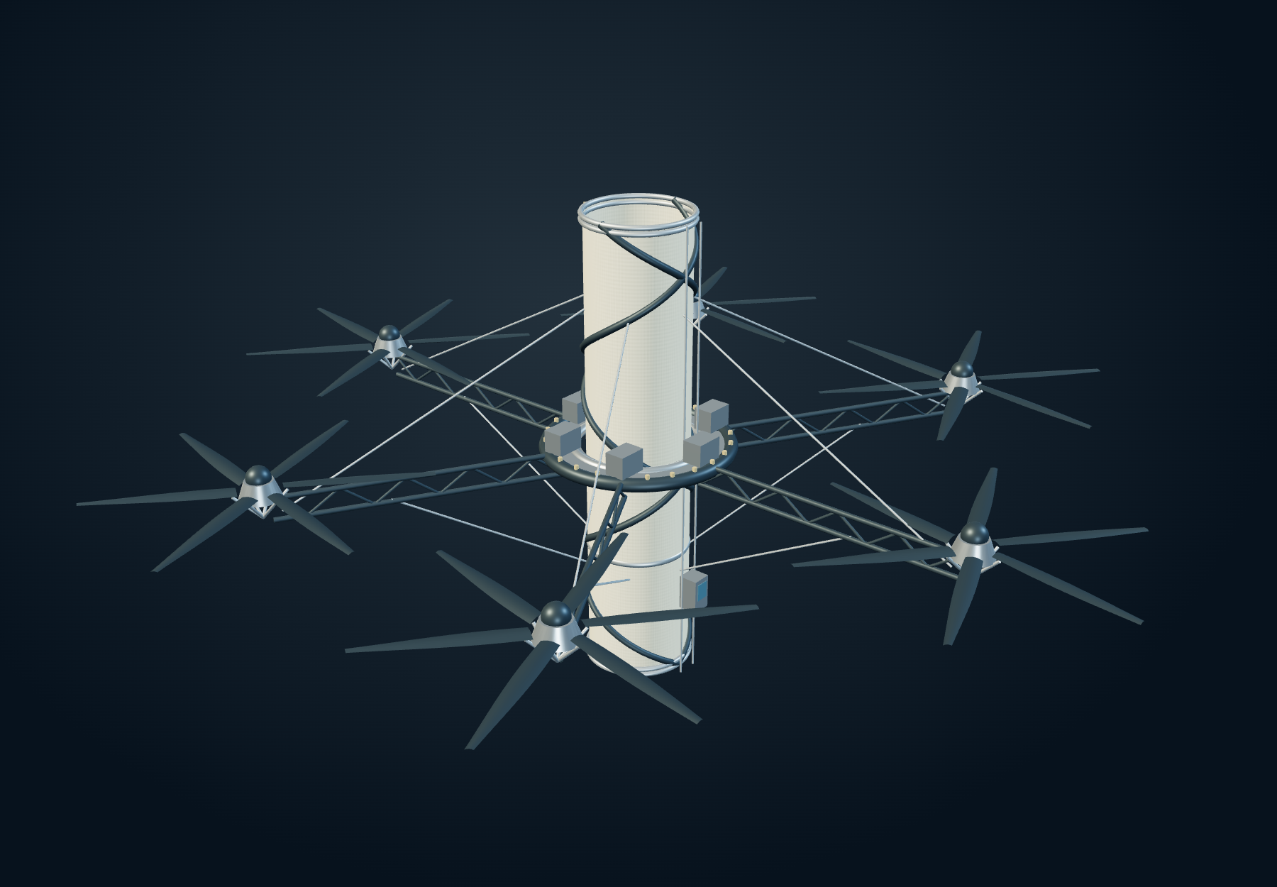 Six long-bladed rotors on triangulated booms around the vertical pressure tube, with upper and lower stays