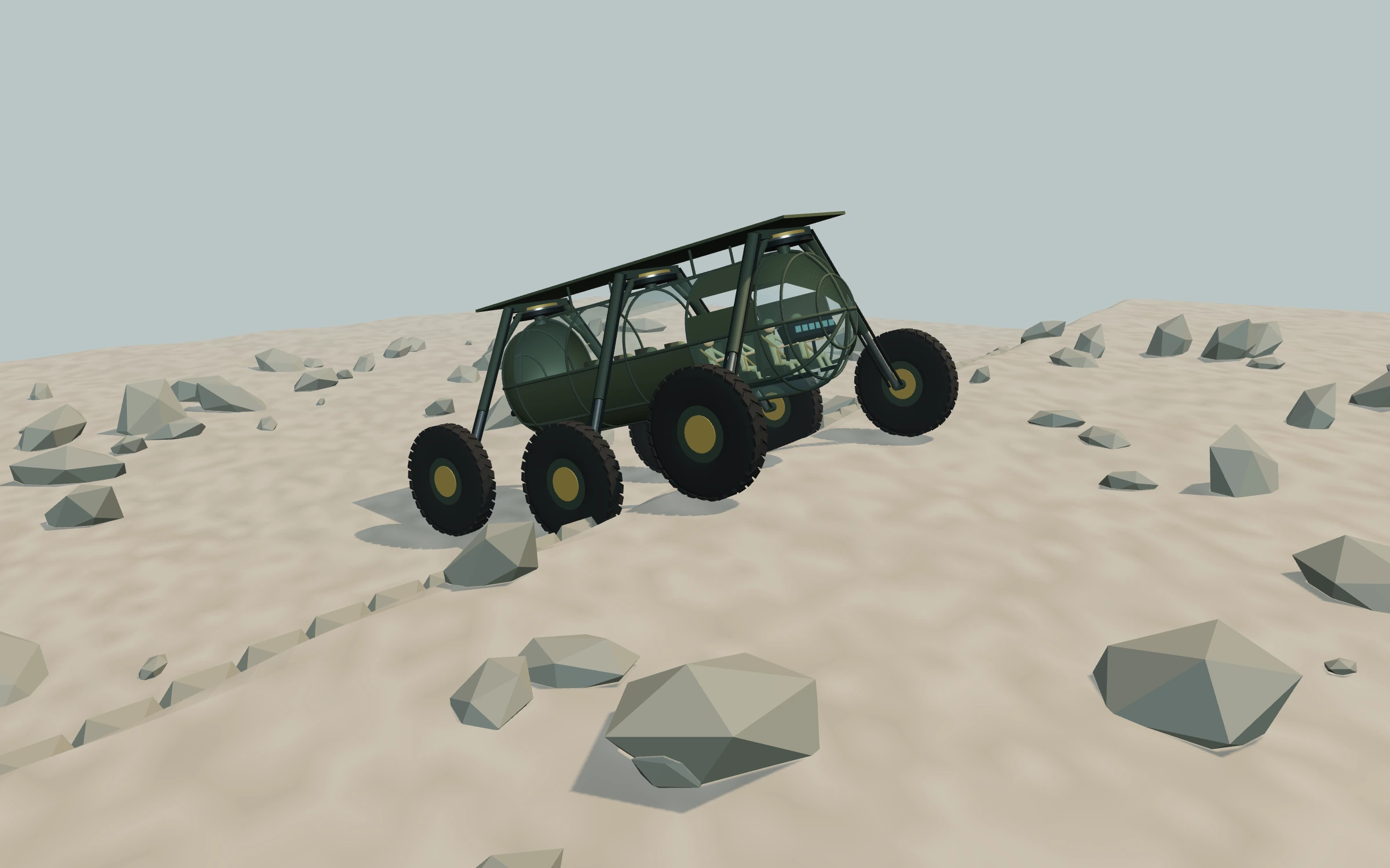 The same Spider model pitches upward onto a short rocky rise, with different extension at the front, middle and rear wheel stations.