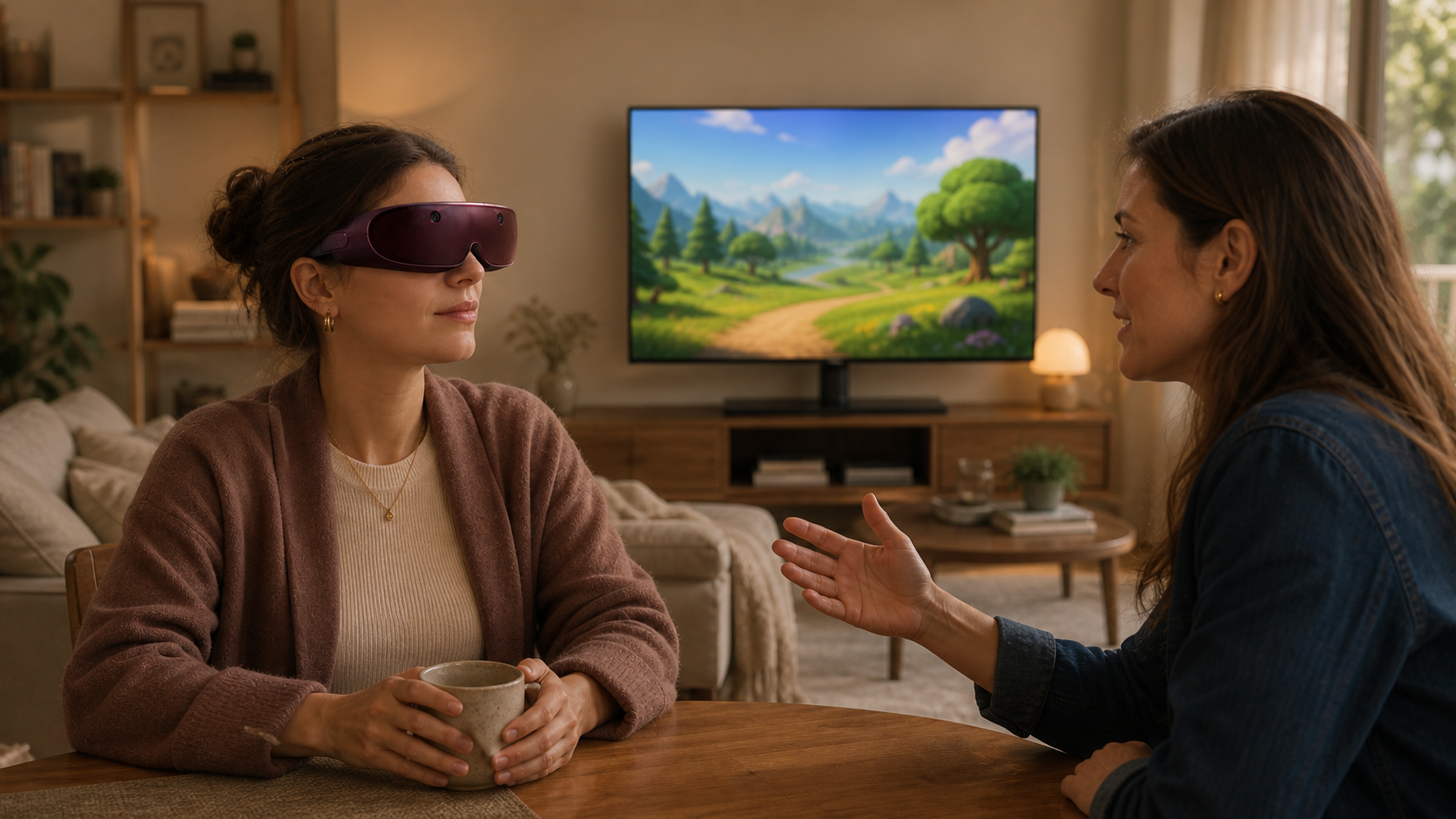 The same woman wearing the proposed visor talks with a friend while a television shows a calm game scene behind them