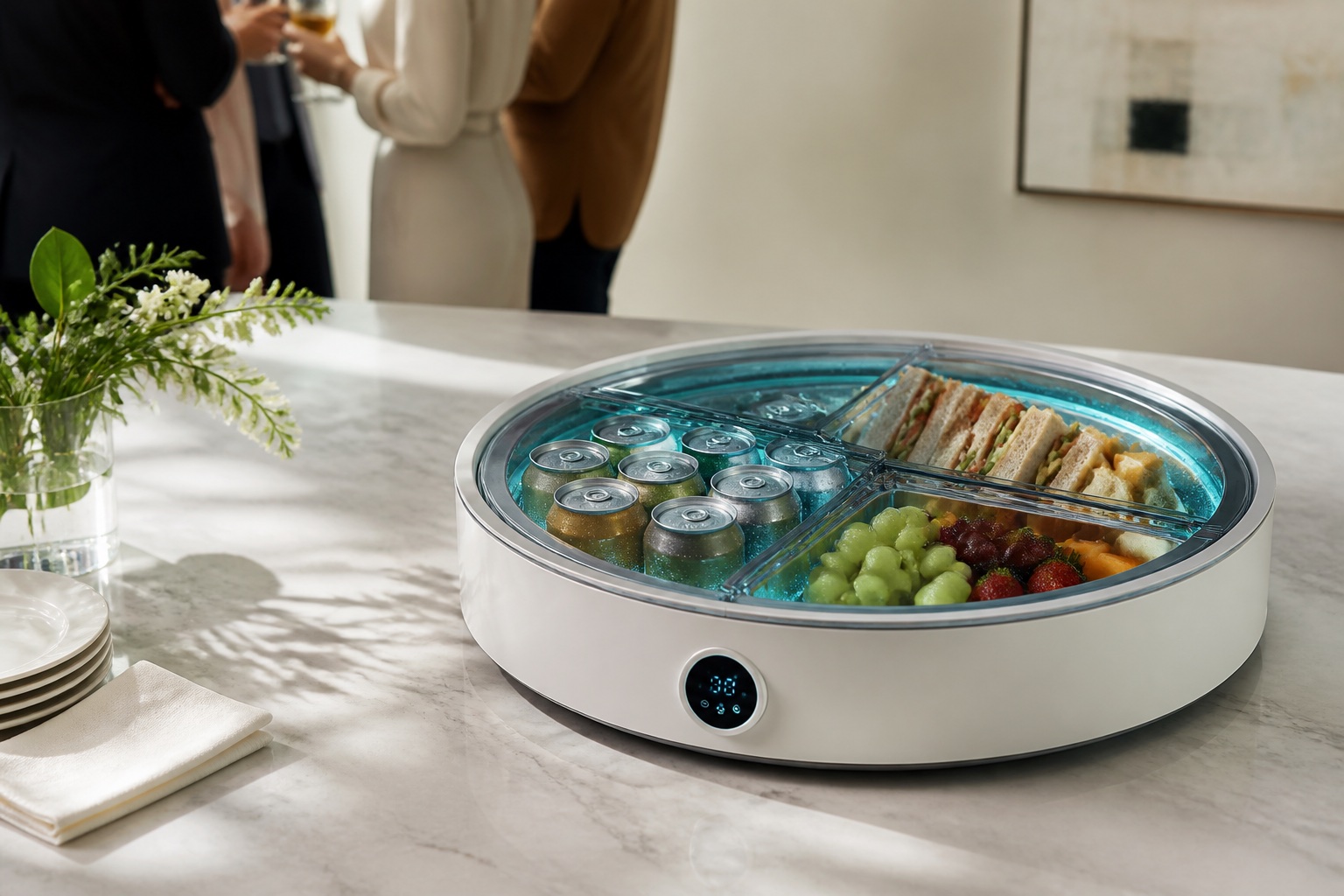 Concept product rendering of a shallow round tabletop refrigerator displaying cans, sandwiches, fruit, and cheese under a transparent segmented lid