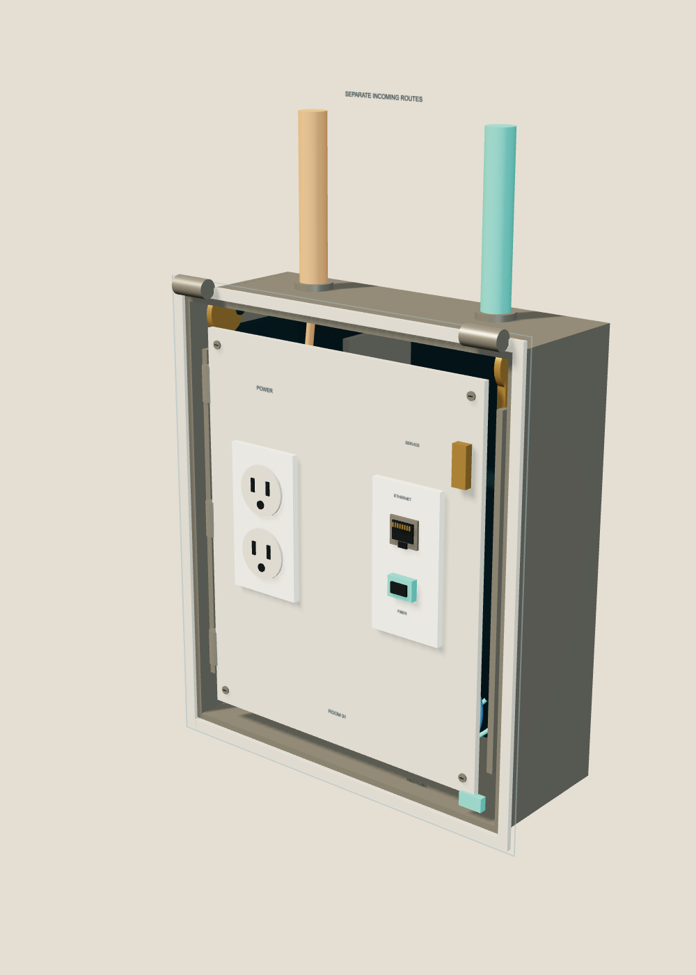Cover removed, with the electrical outlet, Ethernet and fiber ports held flush by an independent blue latch.