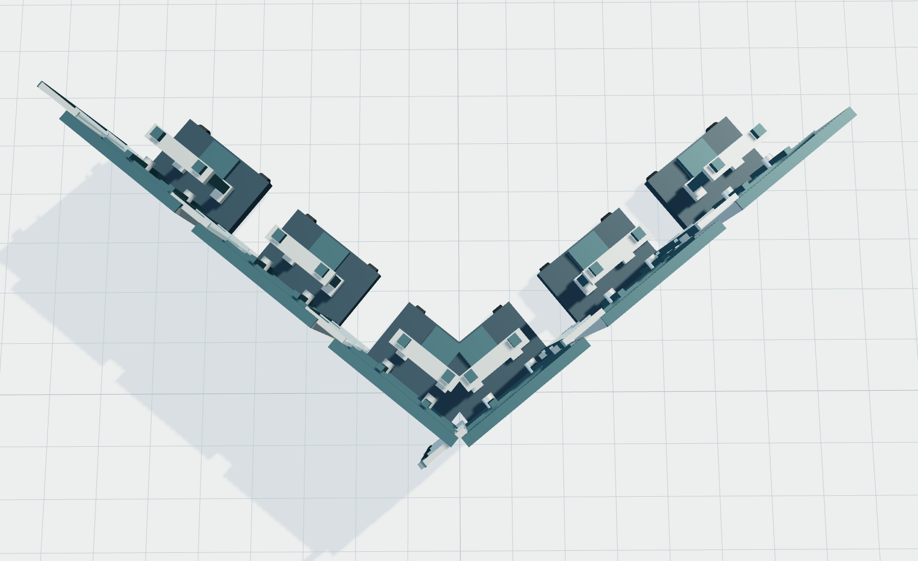 Overhead concept view of modules arranged as two angled connected faces in empty space