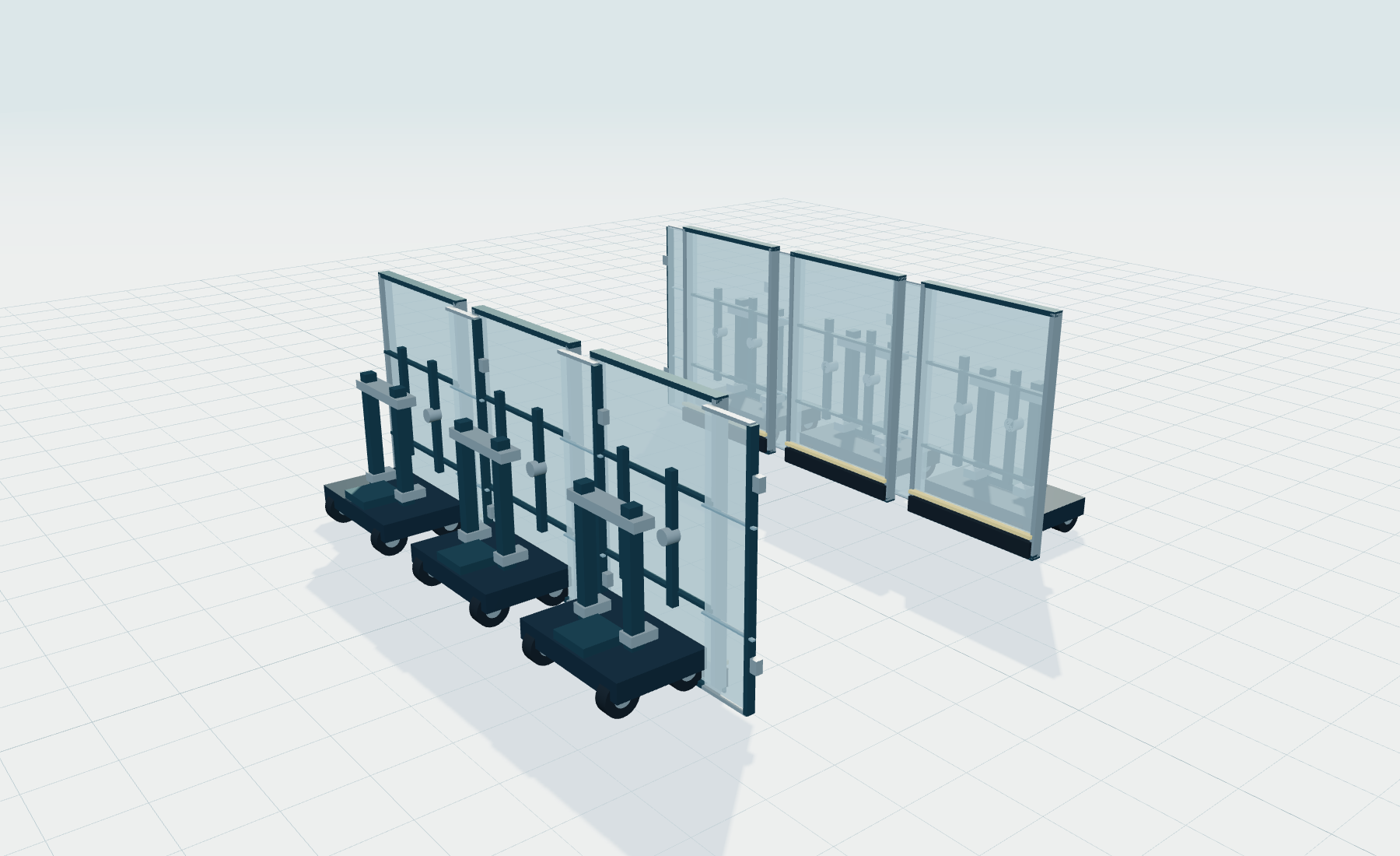 Two stationary lines of model modules framing an empty central lane