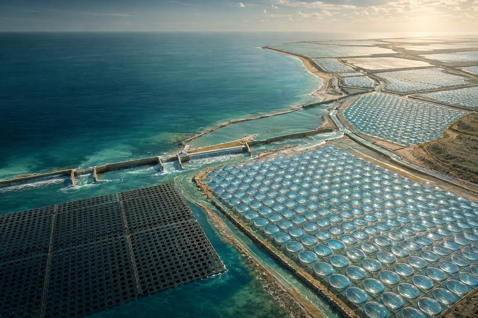 An immense passive desalination coast: thousands of individual low Fresnel shells over shallow cells, tidal channels, and a perforated floating blanket across a protected bay.
