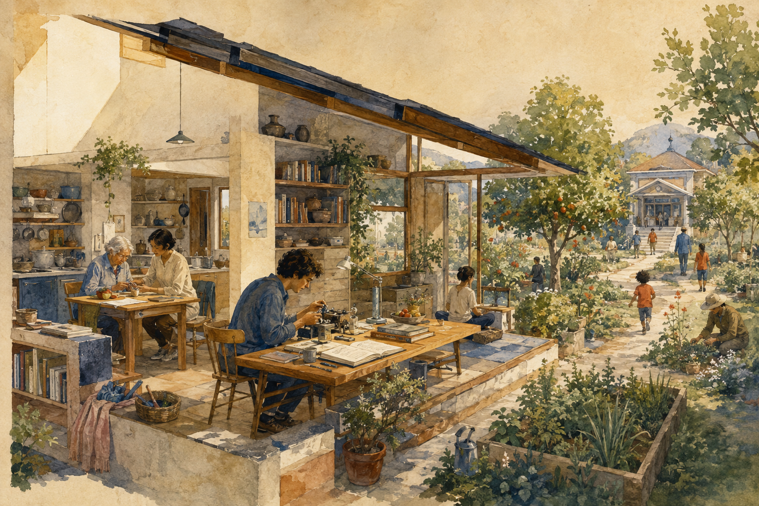 Watercolor of a house opening into a common garden: repair work and reading, care at a kitchen table, children on a path, and a neighborhood library.