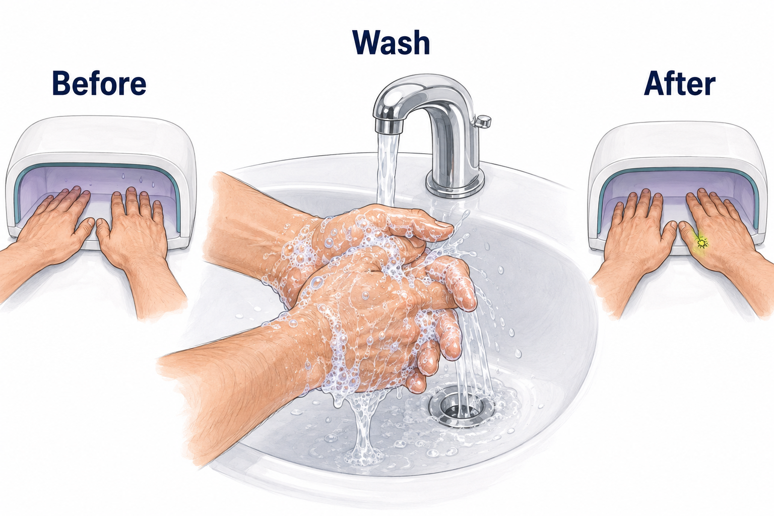 Before: both hands receive an automatic coating inside a small enclosure. Wash: soap and water at the sink. After: both hands enter the light enclosure to reveal a missed patch.