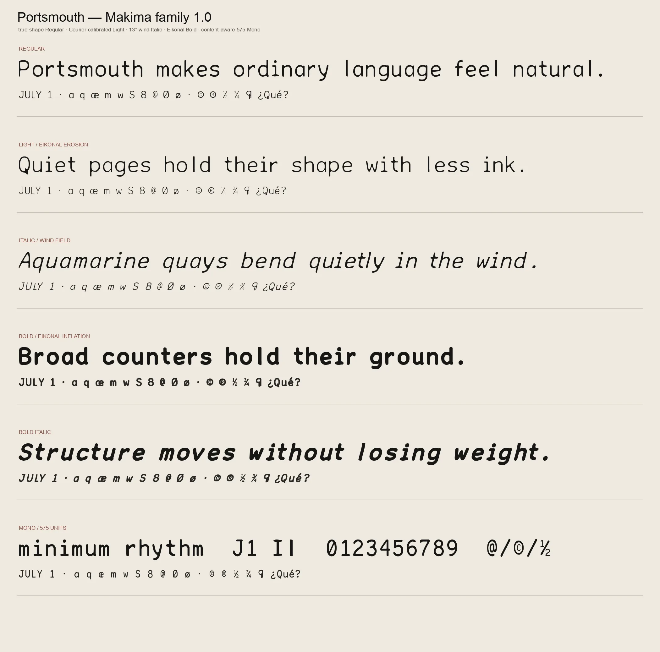 Portsmouth family specimen across Regular, Light, Italic, Bold and Bold Italic faces