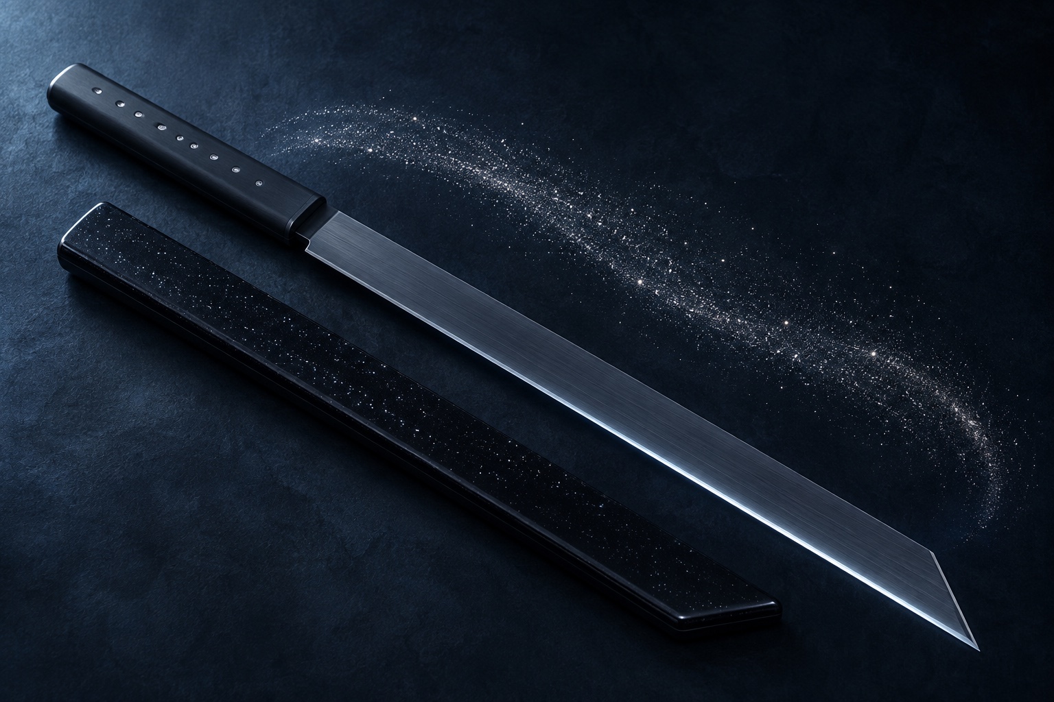 A dark straight short sword and its star-speckled obsidian sheath, accompanied by a crescent of silver motes.