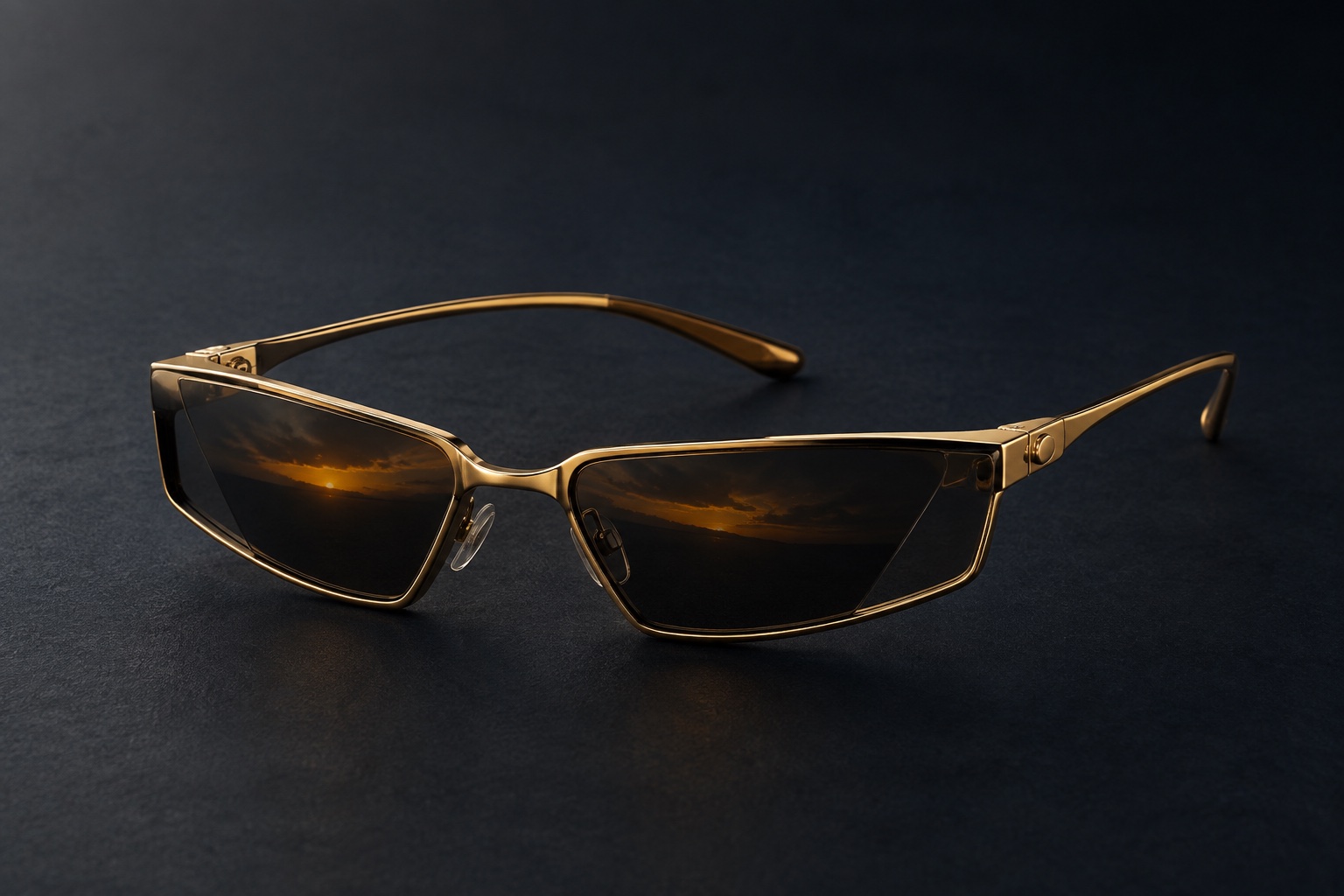 Gold-framed glasses with two dark trapezoidal obsidian lenses and small buttons on their open arms reflect a low dawn horizon.