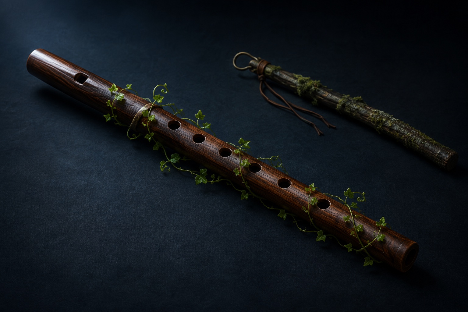 A polished walnut Irish flute with six finger holes is wrapped in living vines; its mossy staff form rests behind it.
