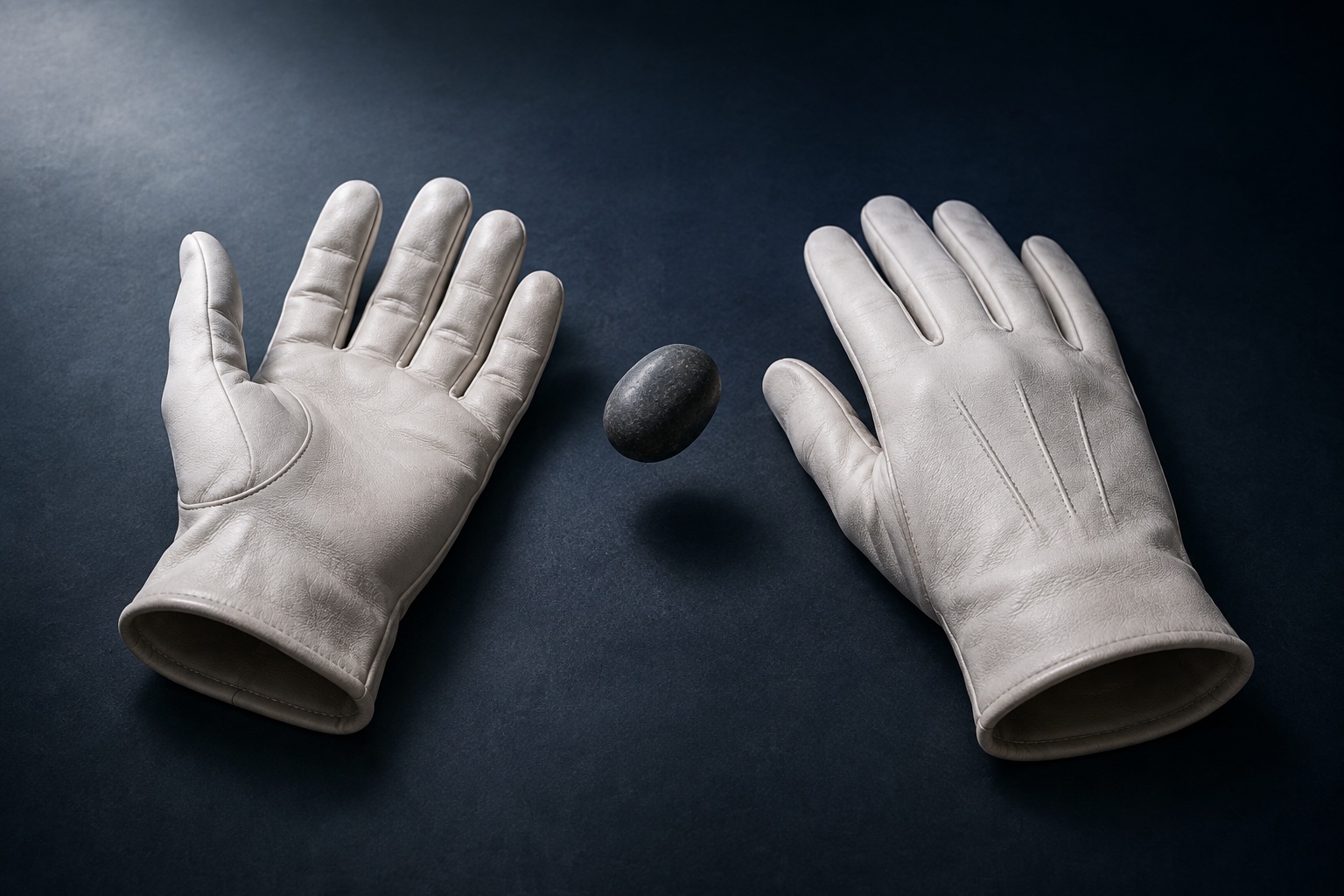 Two soft white kidskin gloves, one palm-up and one back-up, lie beside a small stone suspended above the surface.