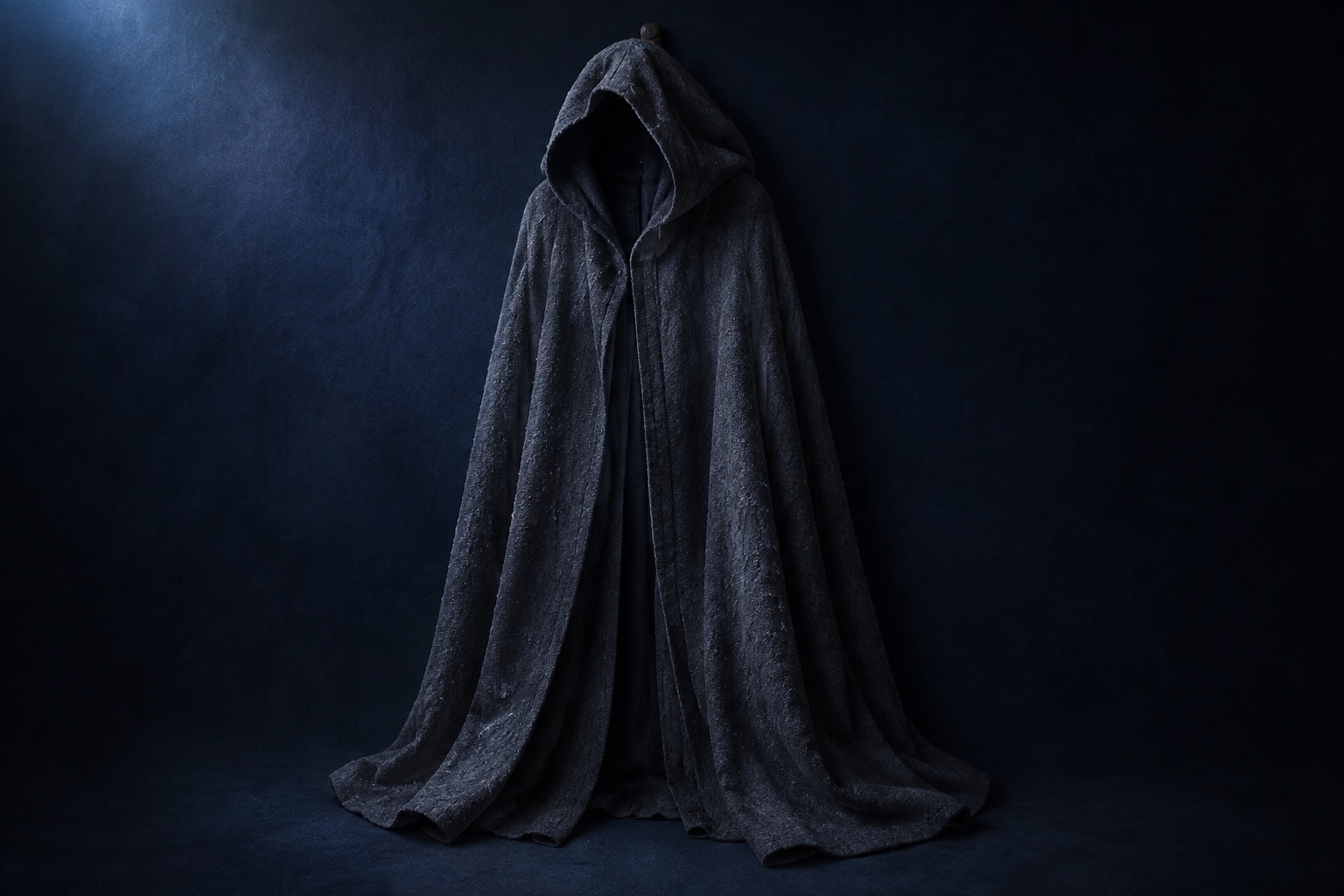 A thick slate-grey hooded cloak hangs in soft folds, its edges gathering the shadows around it.