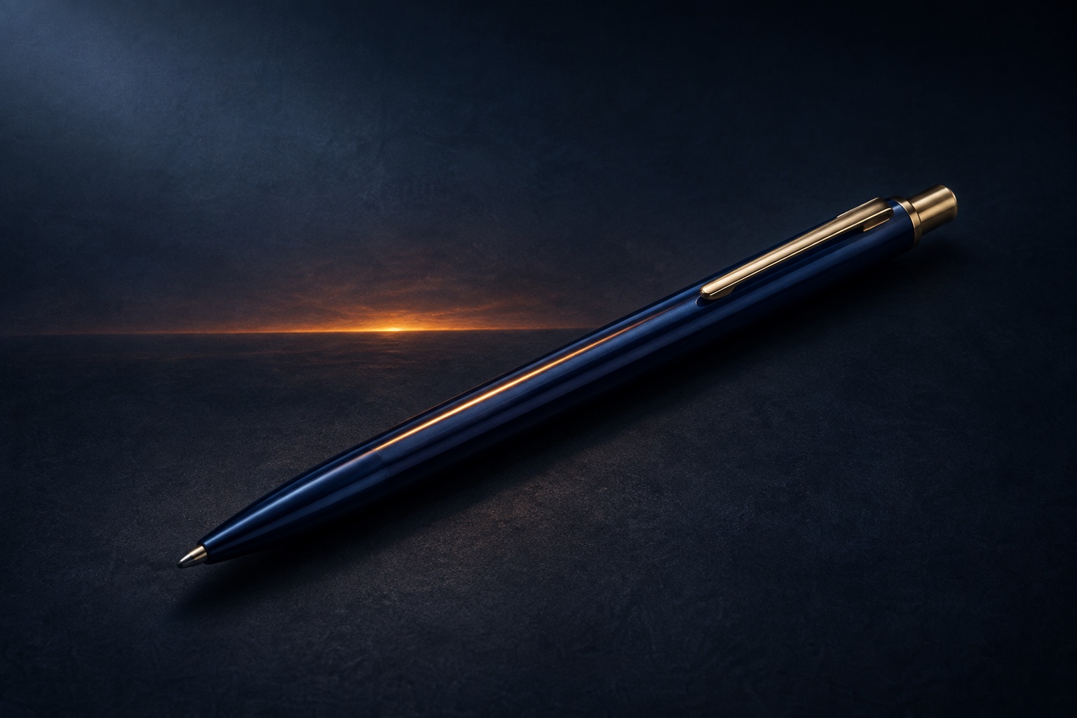 A dark blue retractable pen with brass clip and click button catches a narrow reflection of sunset.