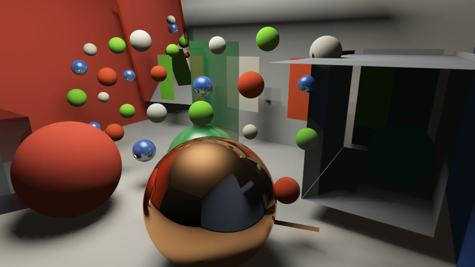 Close view through a suspended field of small red, green, blue, and ivory spheres