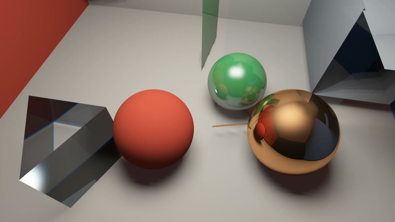 Overhead view of the prism and colored spheres with their reflections and shadows