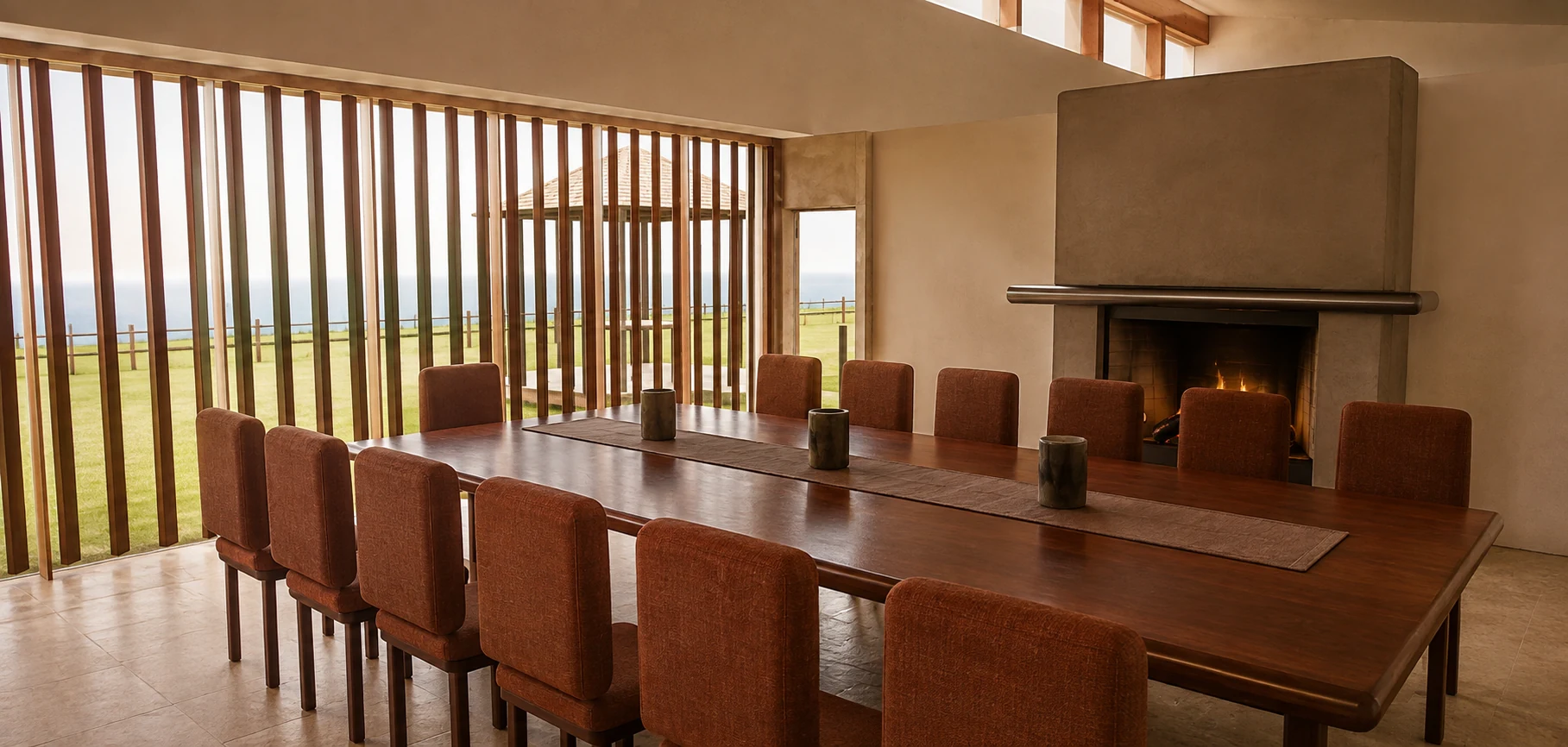 Architectural visualization of the formal dining and conference room with a mahogany table and southern daylight