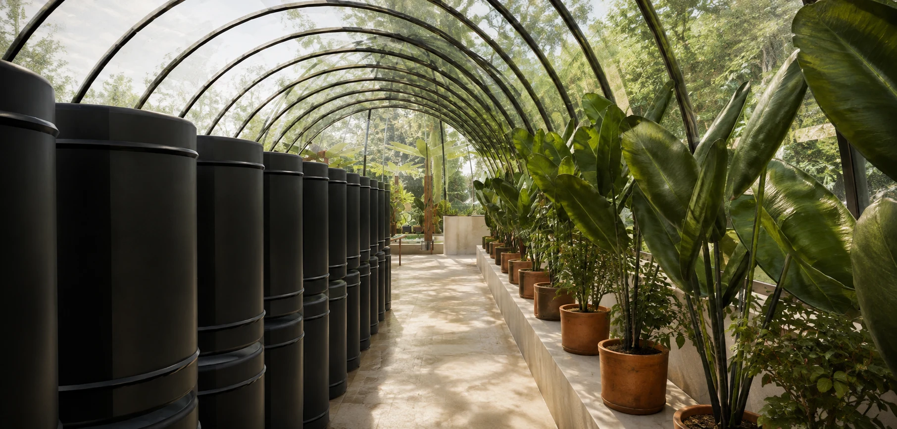 Architectural visualization inside the connected greenhouse with planting aisles and black thermal water barrels stacked two high