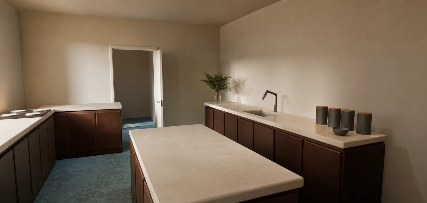Architectural visualization of the central kitchen with mahogany cabinetry, pale stone, and clear circulation among four doors