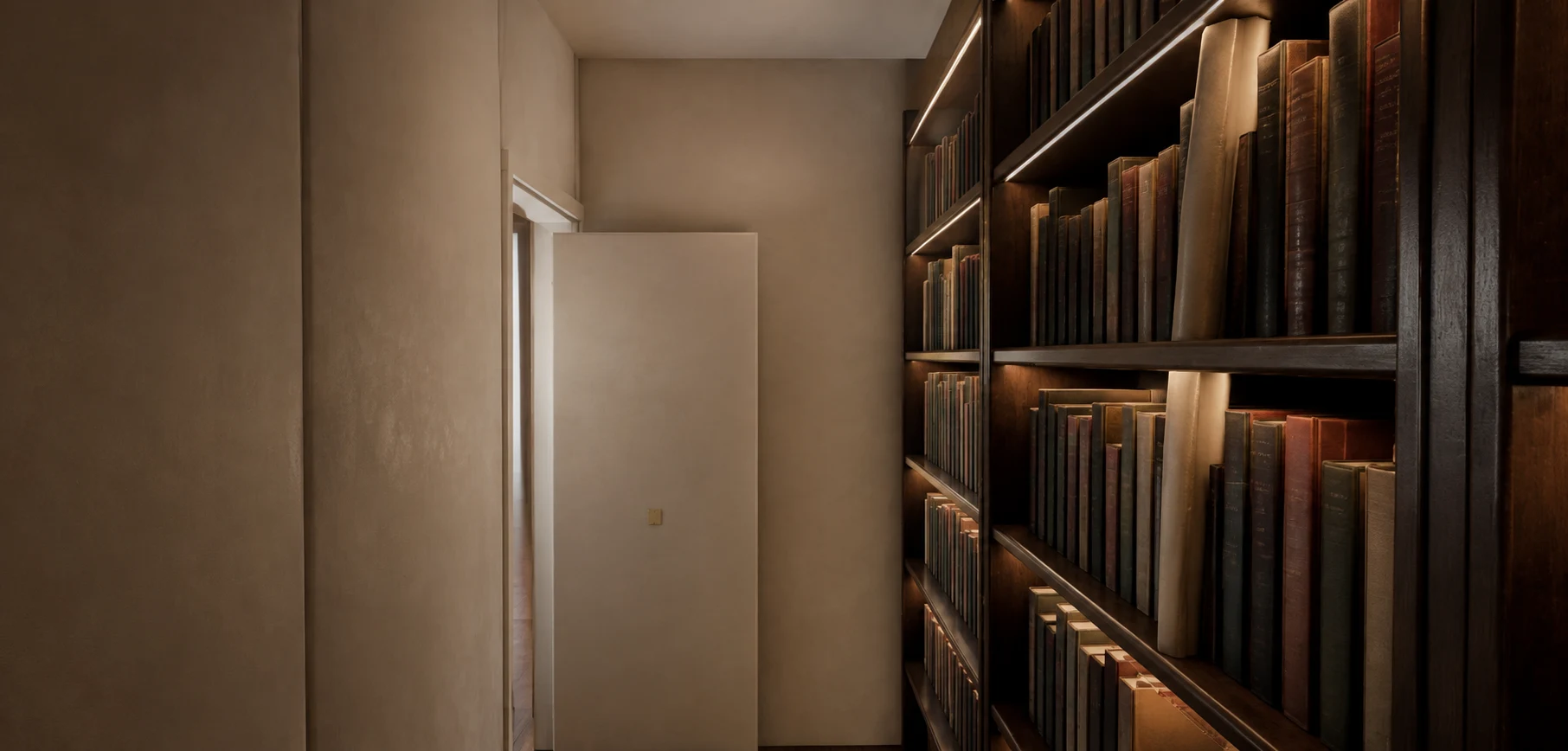 Architectural visualization down the narrow east library aisle with bookshelves and warm concealed lighting