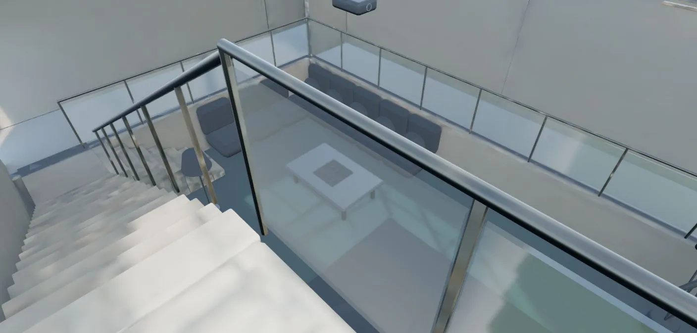 Accepted Blender model view from the high walk looking down into the commons