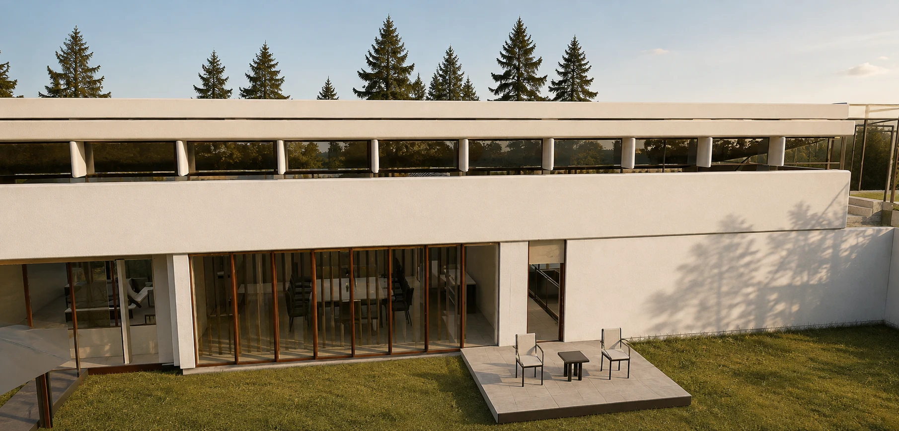 Architectural visualization of the long earth-contact house from the south field, with its glass tower, west garage, and open frontage